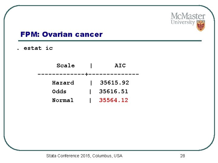 FPM: Ovarian cancer. estat ic Scale | AIC -------+-------Hazard | 35615. 92 Odds |