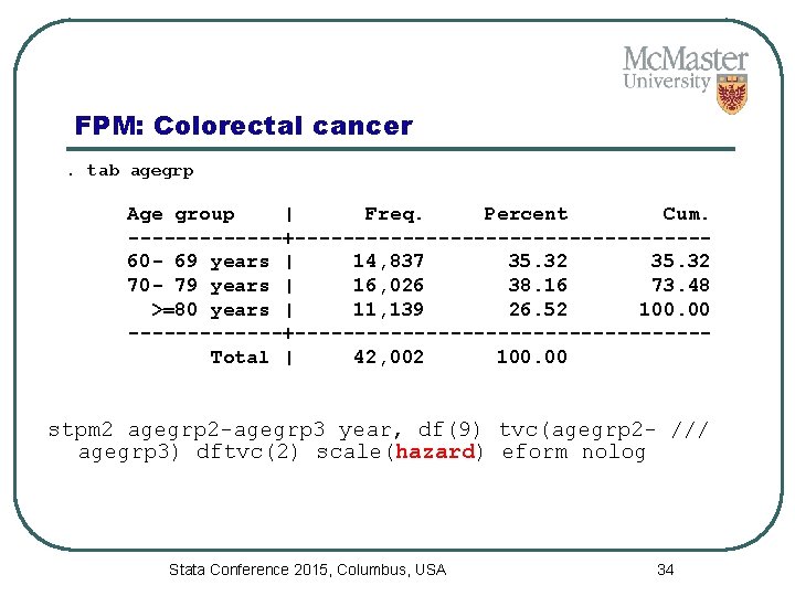 FPM: Colorectal cancer. tab agegrp Age group | Freq. Percent Cum. -------+-----------------60 - 69