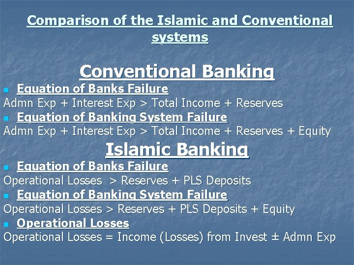 Comparison of the Islamic and Conventional systems Conventional Banking Equation of Banks Failure Admn