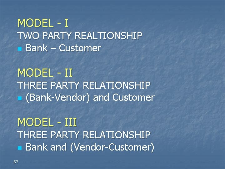 MODEL - I TWO PARTY REALTIONSHIP n Bank – Customer MODEL - II THREE