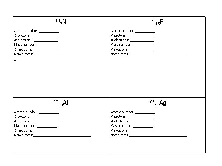 14 7 N Atomic number: ______ # protons: _______ # electrons: _______ Mass number:
