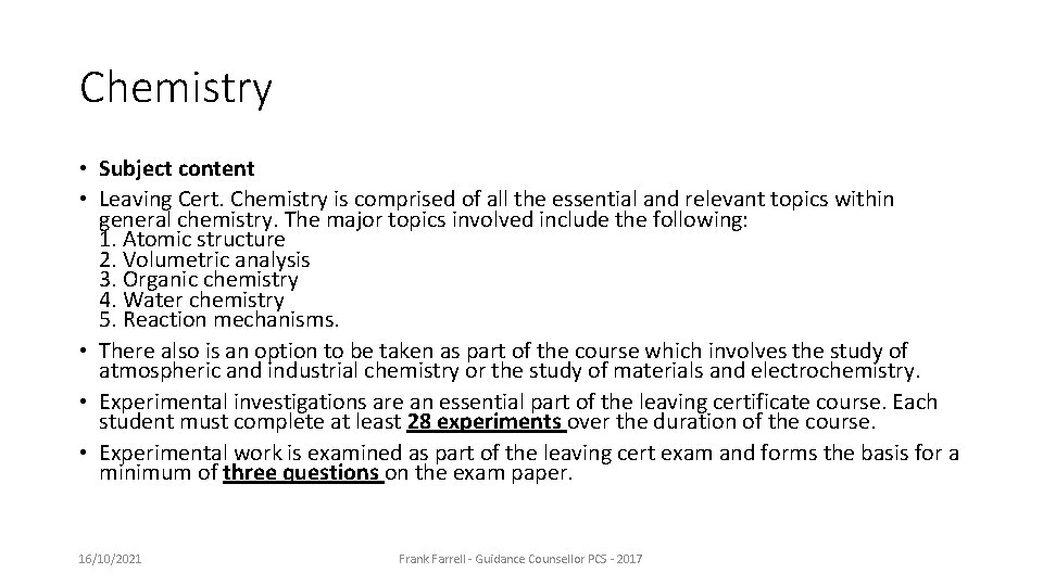 Chemistry • Subject content • Leaving Cert. Chemistry is comprised of all the essential