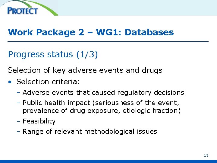 Work Package 2 – WG 1: Databases Progress status (1/3) Selection of key adverse