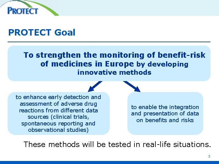 PROTECT Goal To strengthen the monitoring of benefit-risk of medicines in Europe by developing