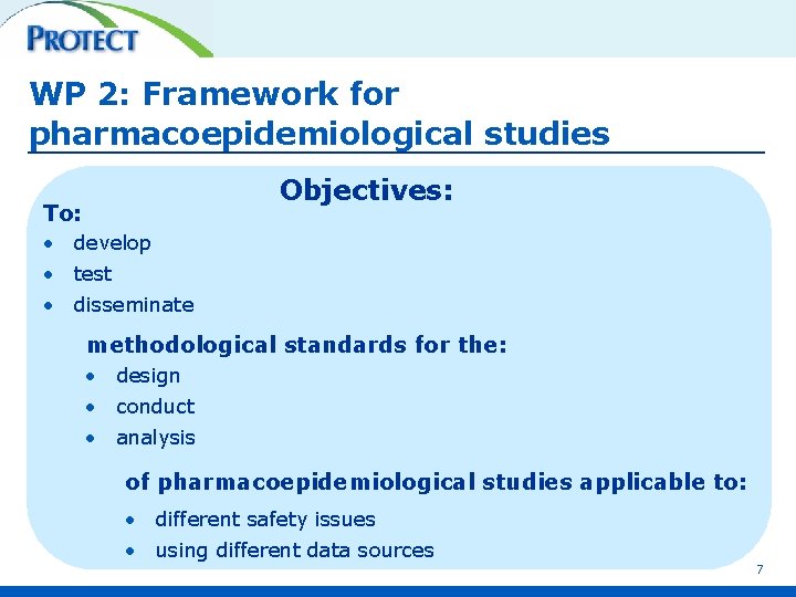 WP 2: Framework for pharmacoepidemiological studies Objectives: To: • develop • test • disseminate
