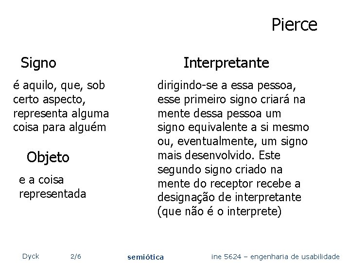 Pierce Signo Interpretante é aquilo, que, sob certo aspecto, representa alguma coisa para alguém