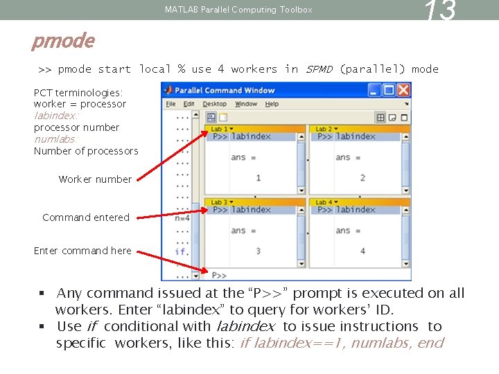 MATLAB Parallel Computing Toolbox pmode 13 >> pmode start local % use 4 workers MATLAB Parallel Computing Toolbox pmode 13 >> pmode start local % use 4 workers