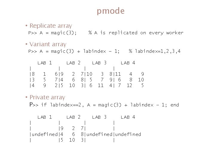 pmode • Replicate array P>> A = magic(3); % A is replicated on every pmode • Replicate array P>> A = magic(3); % A is replicated on every