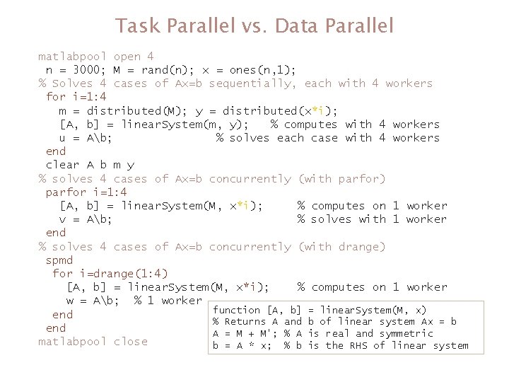 Task Parallel vs. Data Parallel matlabpool open 4 n = 3000; M = rand(n); Task Parallel vs. Data Parallel matlabpool open 4 n = 3000; M = rand(n);