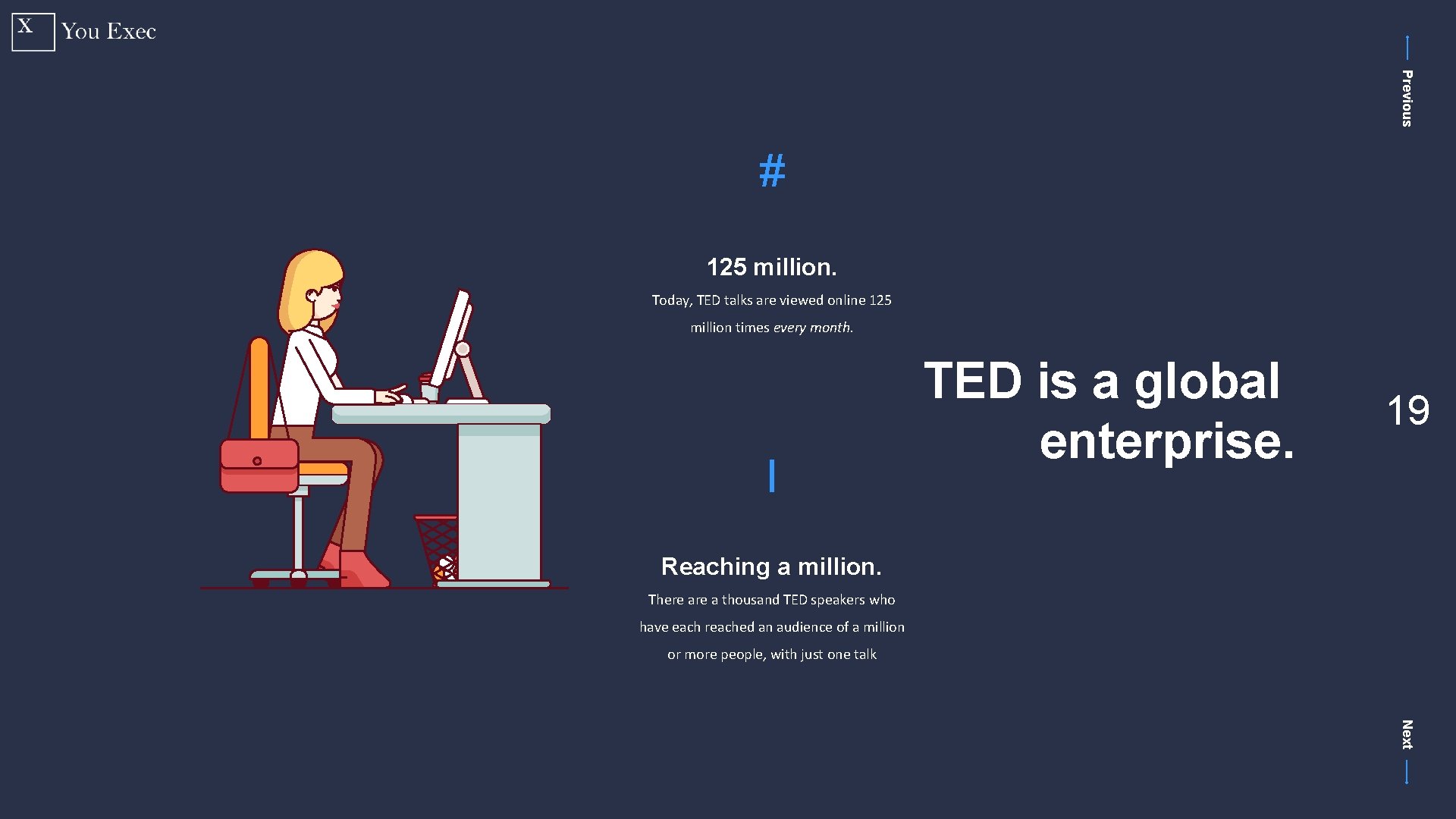 Previous # 125 million. Today, TED talks are viewed online 125 million times every