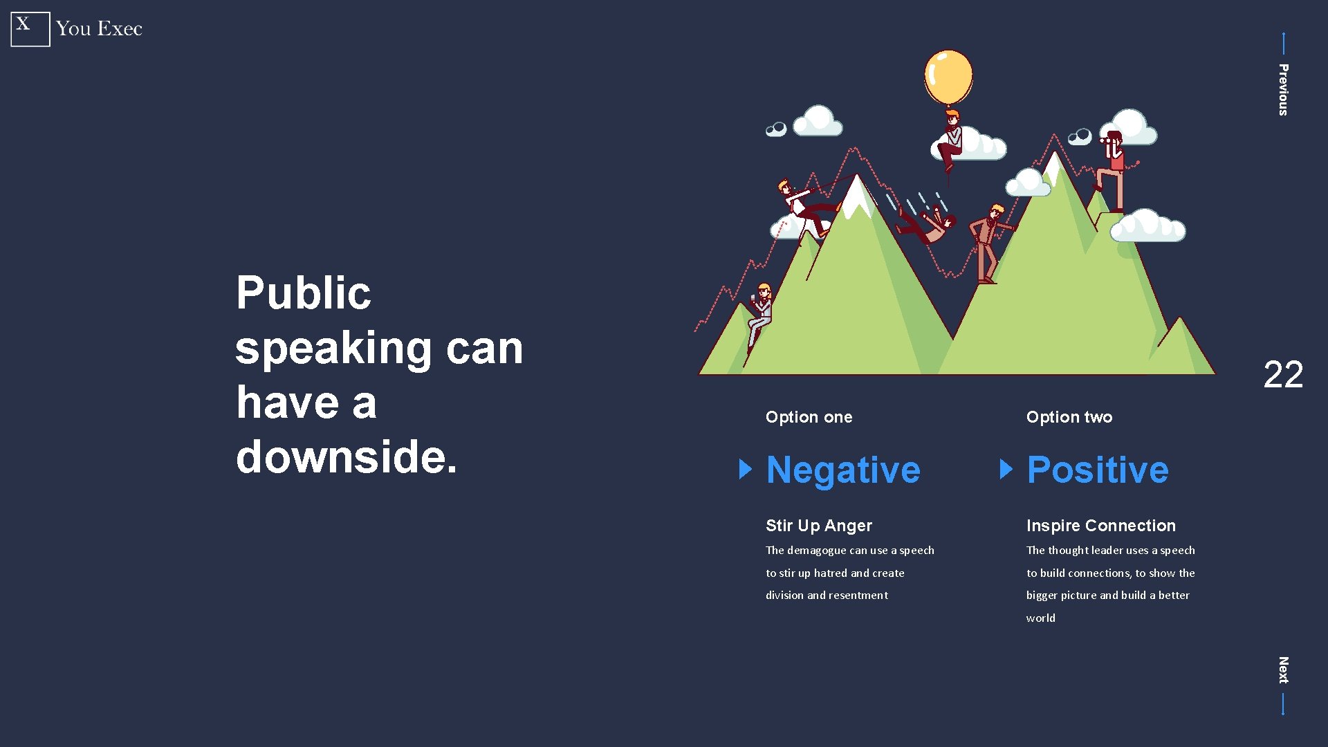 Previous Public speaking can have a downside. 22 Option one Option two Negative Positive