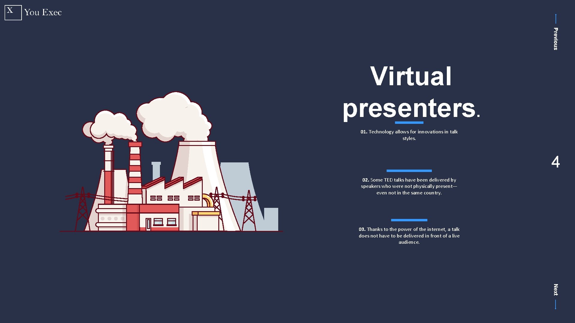 Previous Virtual presenters. 01. Technology allows for innovations in talk styles. 4 02. Some