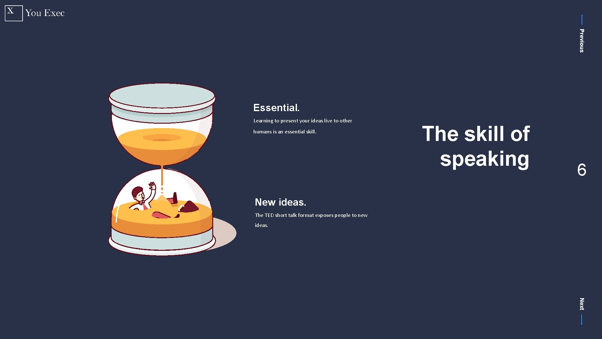 Previous Essential. Learning to present your ideas live to other humans is an essential