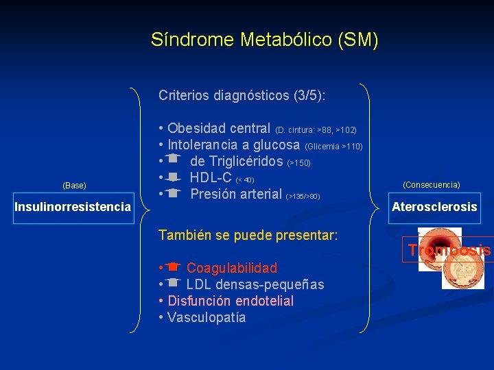 Síndrome Metabólico (SM) Criterios diagnósticos (3/5): (Base) Insulinorresistencia • Obesidad central (D. cintura: >88,
