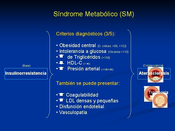 Síndrome Metabólico (SM) Criterios diagnósticos (3/5): (Base) Insulinorresistencia • Obesidad central (D. cintura: >88,