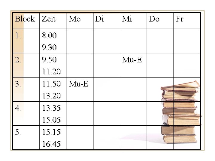 Block Zeit 1. 2. 3. 4. 5. Mo 8. 00 9. 30 9. 50