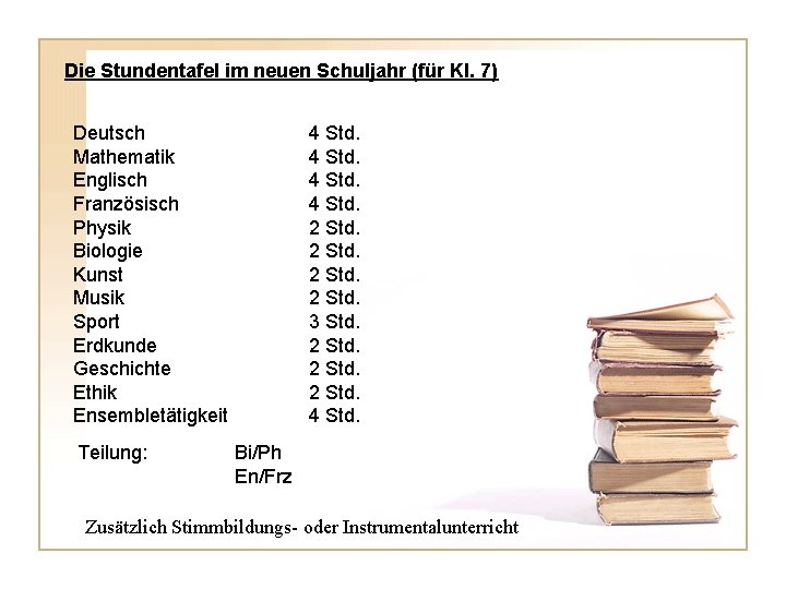 Die Stundentafel im neuen Schuljahr (für Kl. 7) Deutsch Mathematik Englisch Französisch Physik Biologie