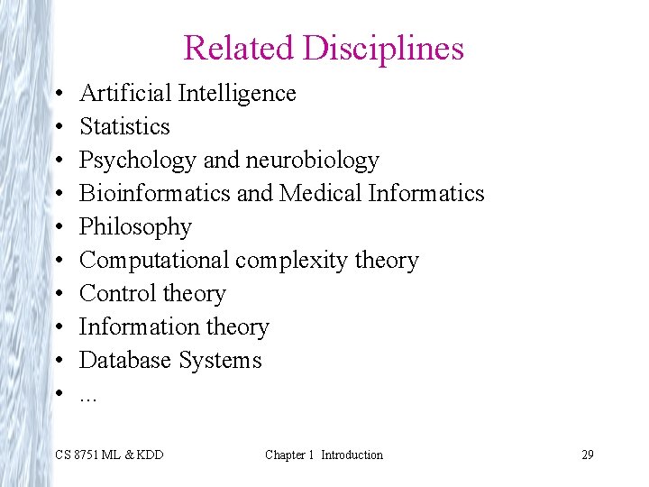 Related Disciplines • • • Artificial Intelligence Statistics Psychology and neurobiology Bioinformatics and Medical