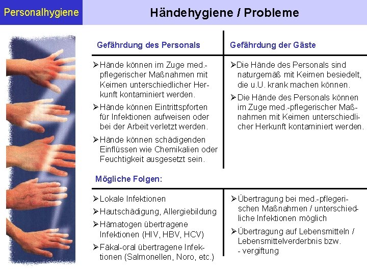 Personalhygiene Händehygiene / Probleme Gefährdung des Personals Hände können im Zuge med. pflegerischer Maßnahmen