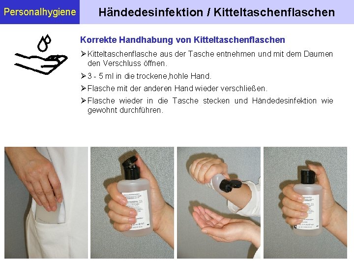 Personalhygiene Händedesinfektion / Kitteltaschenflaschen Korrekte Handhabung von Kitteltaschenflaschen Kitteltaschenflasche aus der Tasche entnehmen und