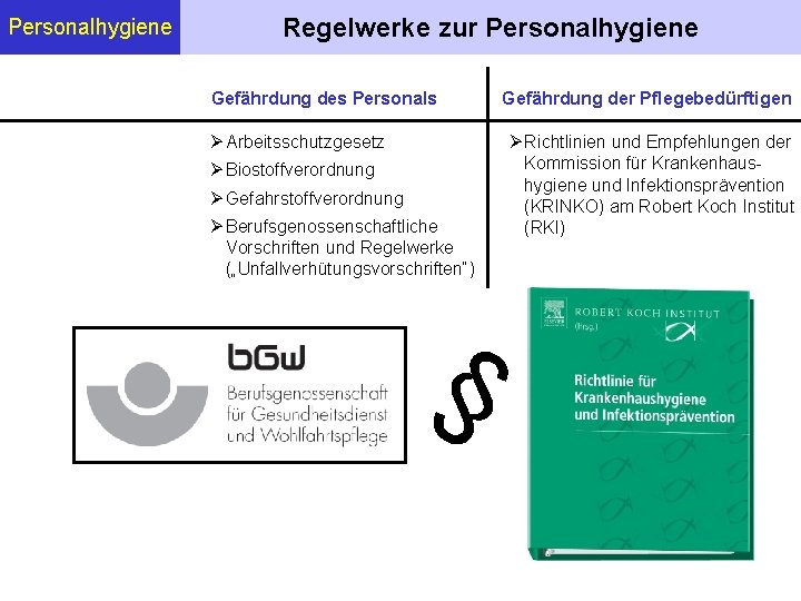 Personalhygiene Regelwerke zur Personalhygiene Gefährdung des Personals Arbeitsschutzgesetz Biostoffverordnung Gefahrstoffverordnung Berufsgenossenschaftliche Vorschriften und Regelwerke