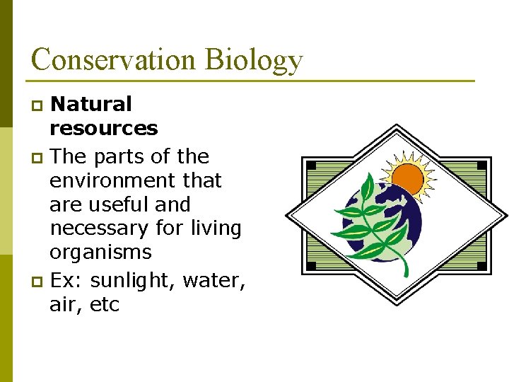 Conservation Biology Natural resources p The parts of the environment that are useful and