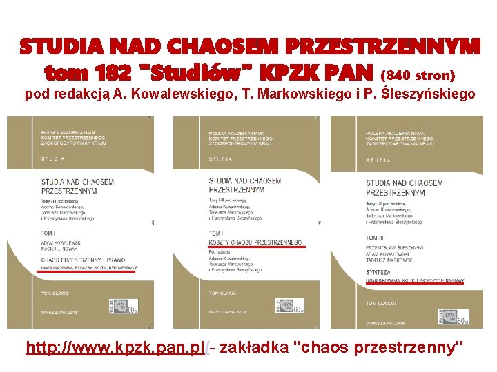 STUDIA NAD CHAOSEM PRZESTRZENNYM tom 182 "Studiów" KPZK PAN (840 stron) pod redakcją A.