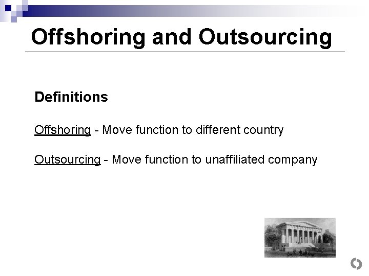 Offshoring and Outsourcing Definitions Offshoring - Move function to different country Outsourcing - Move