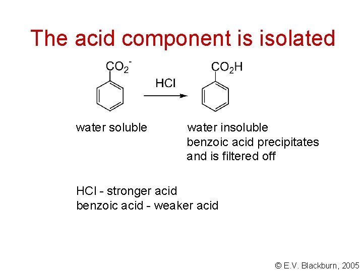 The acid component is isolated water soluble water insoluble benzoic acid precipitates and is The acid component is isolated water soluble water insoluble benzoic acid precipitates and is
