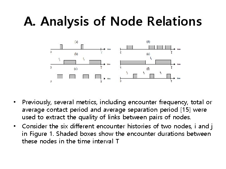 A. Analysis of Node Relations • Previously, several metrics, including encounter frequency, total or