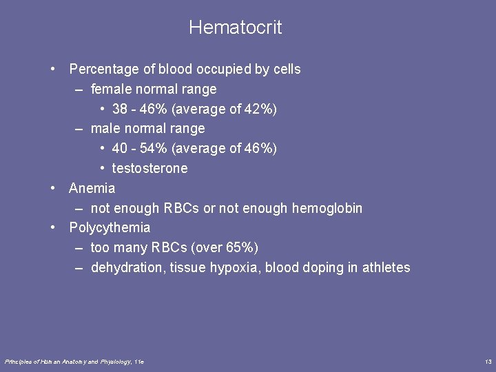Hematocrit • Percentage of blood occupied by cells – female normal range • 38