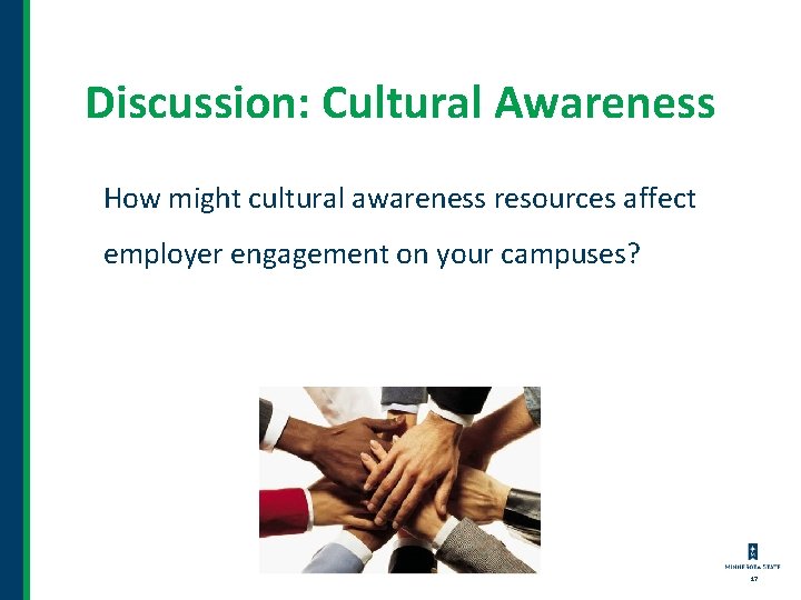 Discussion: Cultural Awareness How might cultural awareness resources affect employer engagement on your campuses? Discussion: Cultural Awareness How might cultural awareness resources affect employer engagement on your campuses?