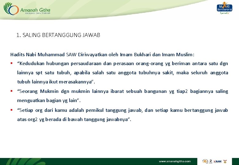 1. SALING BERTANGGUNG JAWAB Hadits Nabi Muhammad SAW Diriwayatkan oleh Imam Bukhari dan Imam