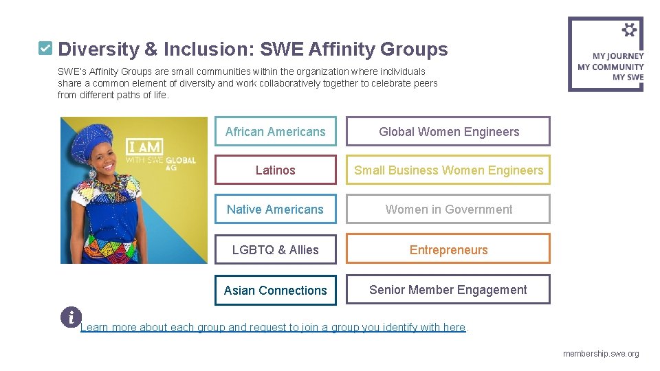 Diversity & Inclusion: SWE Affinity Groups SWE’s Affinity Groups are small communities within the