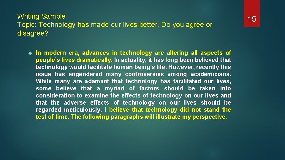 Writing Sample Topic: Technology has made our lives better. Do you agree or disagree?