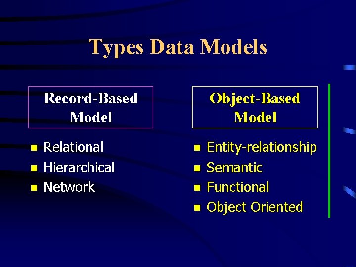 Types Data Models Record-Based Model n n n Relational Hierarchical Network Object-Based Model n