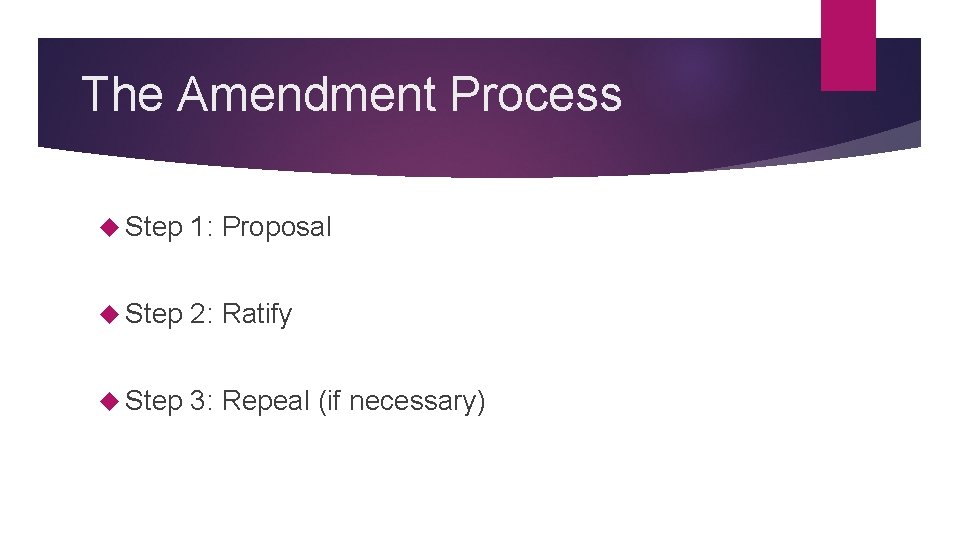 The Amendment Process Step 1: Proposal Step 2: Ratify Step 3: Repeal (if necessary)