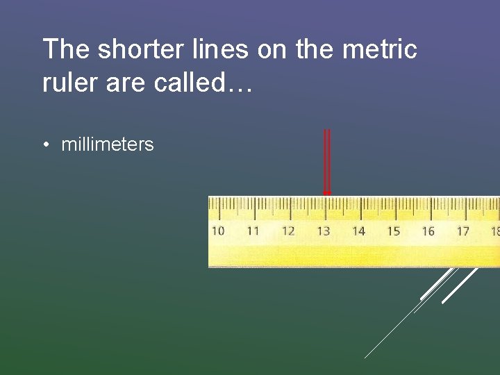 The shorter lines on the metric ruler are called… • millimeters 