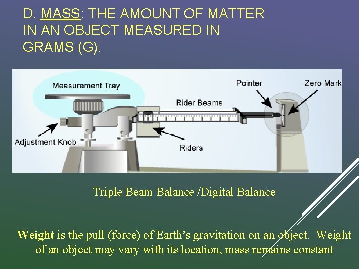 D. MASS: THE AMOUNT OF MATTER IN AN OBJECT MEASURED IN GRAMS (G). Triple