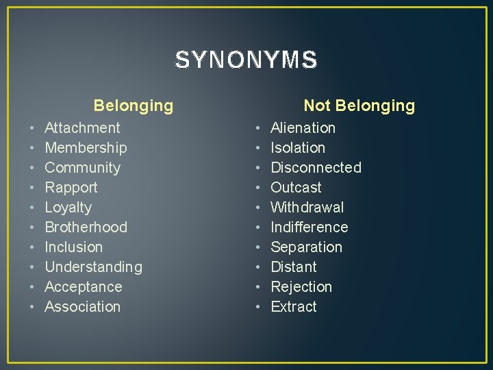 SYNONYMS Belonging • • • Attachment Membership Community Rapport Loyalty Brotherhood Inclusion Understanding Acceptance