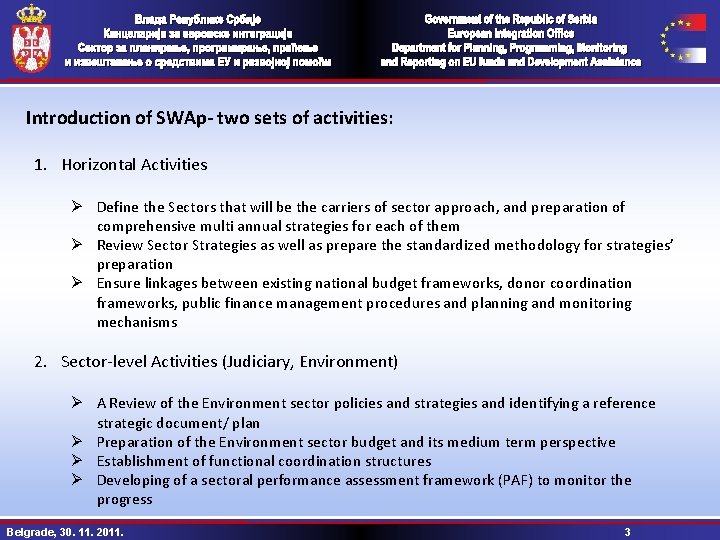 Introduction of SWAp- two sets of activities: 1. Horizontal Activities Ø Define the Sectors