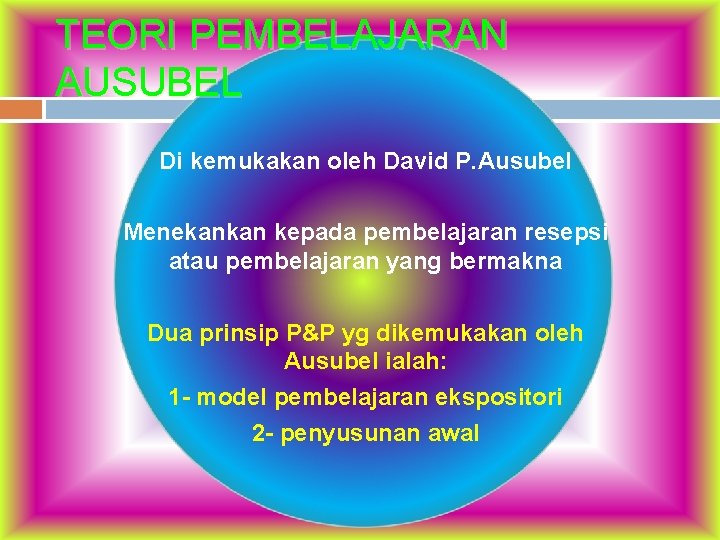 TEORI PEMBELAJARAN AUSUBEL Di kemukakan oleh David P. Ausubel Menekankan kepada pembelajaran resepsi atau