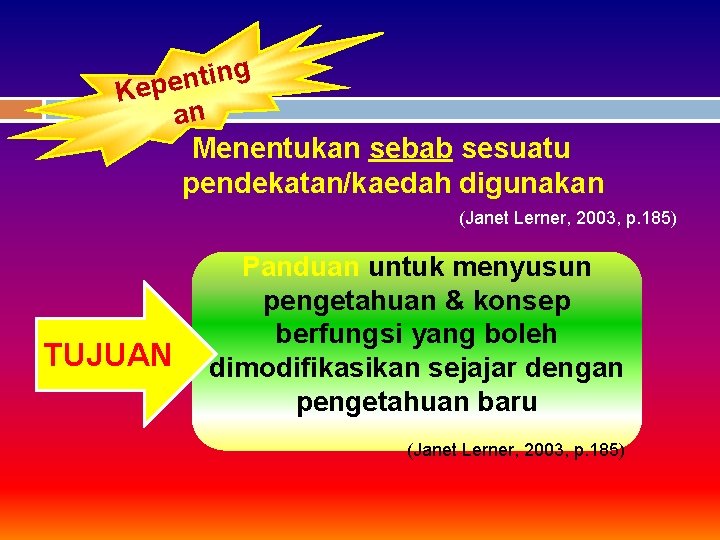 g n i t n e Kep an Menentukan sebab sesuatu pendekatan/kaedah digunakan (Janet