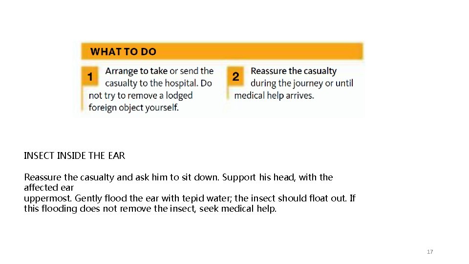 INSECT INSIDE THE EAR Reassure the casualty and ask him to sit down. Support