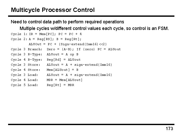 Multicycle Processor Control Need to control data path to perform required operations Multiple cycles