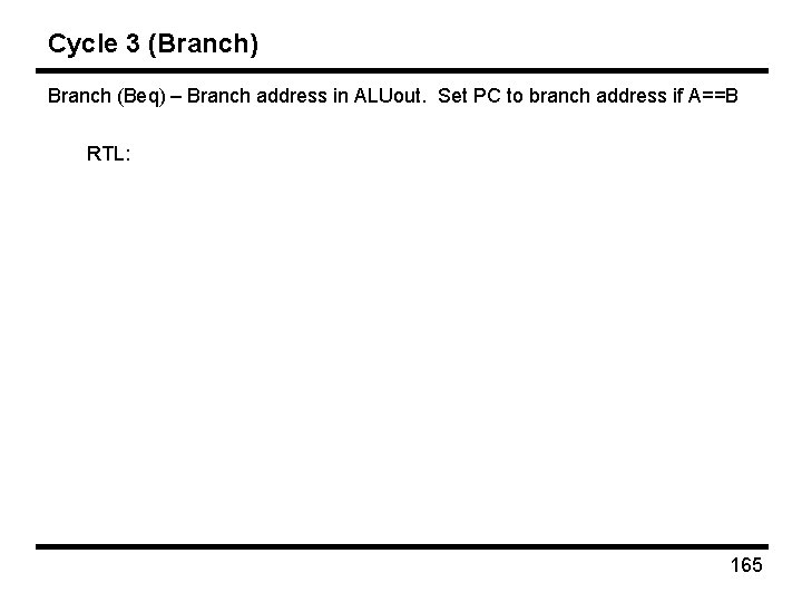 Cycle 3 (Branch) Branch (Beq) – Branch address in ALUout. Set PC to branch