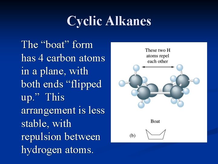 Cyclic Alkanes The “boat” form has 4 carbon atoms in a plane, with both Cyclic Alkanes The “boat” form has 4 carbon atoms in a plane, with both