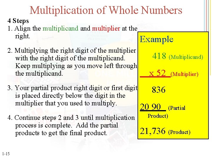 Multiplication of Whole Numbers 4 Steps 1. Align the multiplicand multiplier at the right.