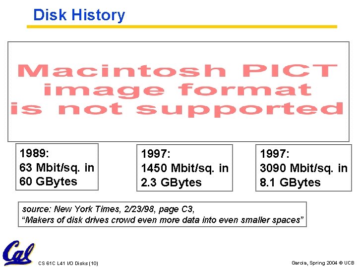 Disk History 1989: 63 Mbit/sq. in 60 GBytes 1997: 1450 Mbit/sq. in 2. 3