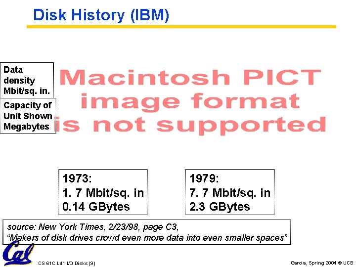 Disk History (IBM) Data density Mbit/sq. in. Capacity of Unit Shown Megabytes 1973: 1.